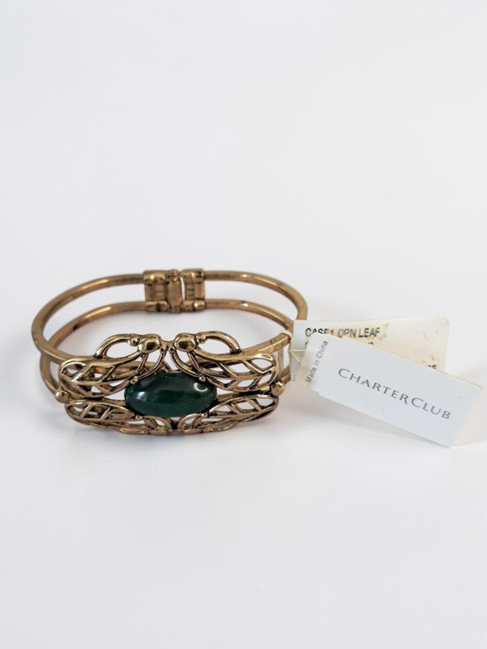 Charter Club NWT Gold Tone Green Oval Stone Hinged Bangle Bracelet $34
